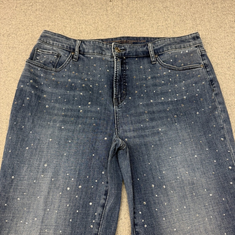 Chico's So Slimming Girlfriend Flare Jeans Size 14R 2.5 Blue Rhinestone Denim - Picture 2 of 11